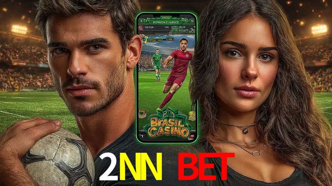 Homem segurando uma bola de futebol e uma mulher ao lado de um smartphone exibindo o jogo de apostas esportivas da 2NN BET. Faça seu palpite no cassino online.